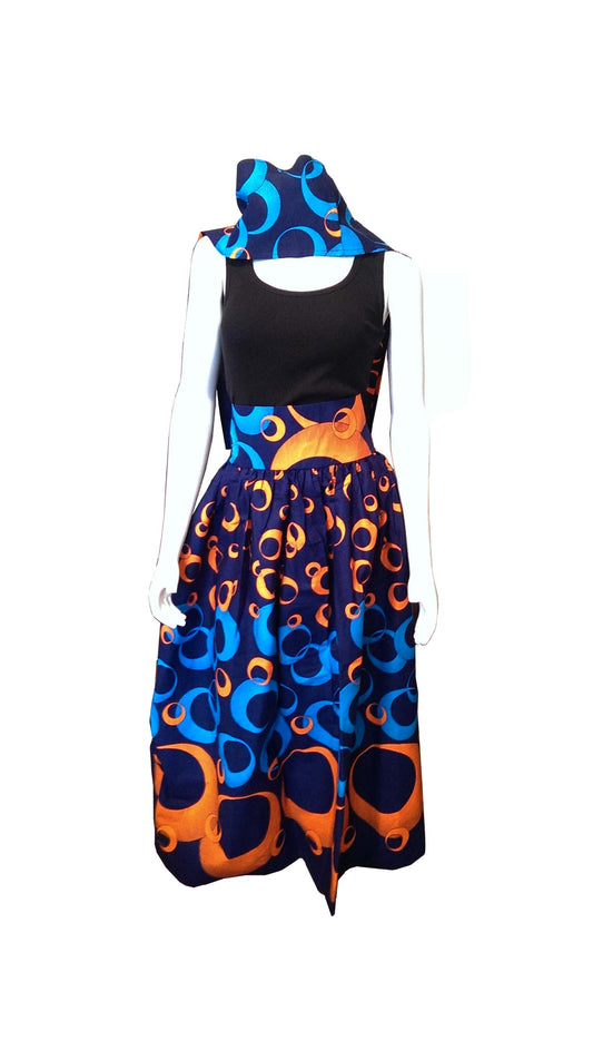 Dada Long Dark Blue Skirt with Orange and Light Blue Circles